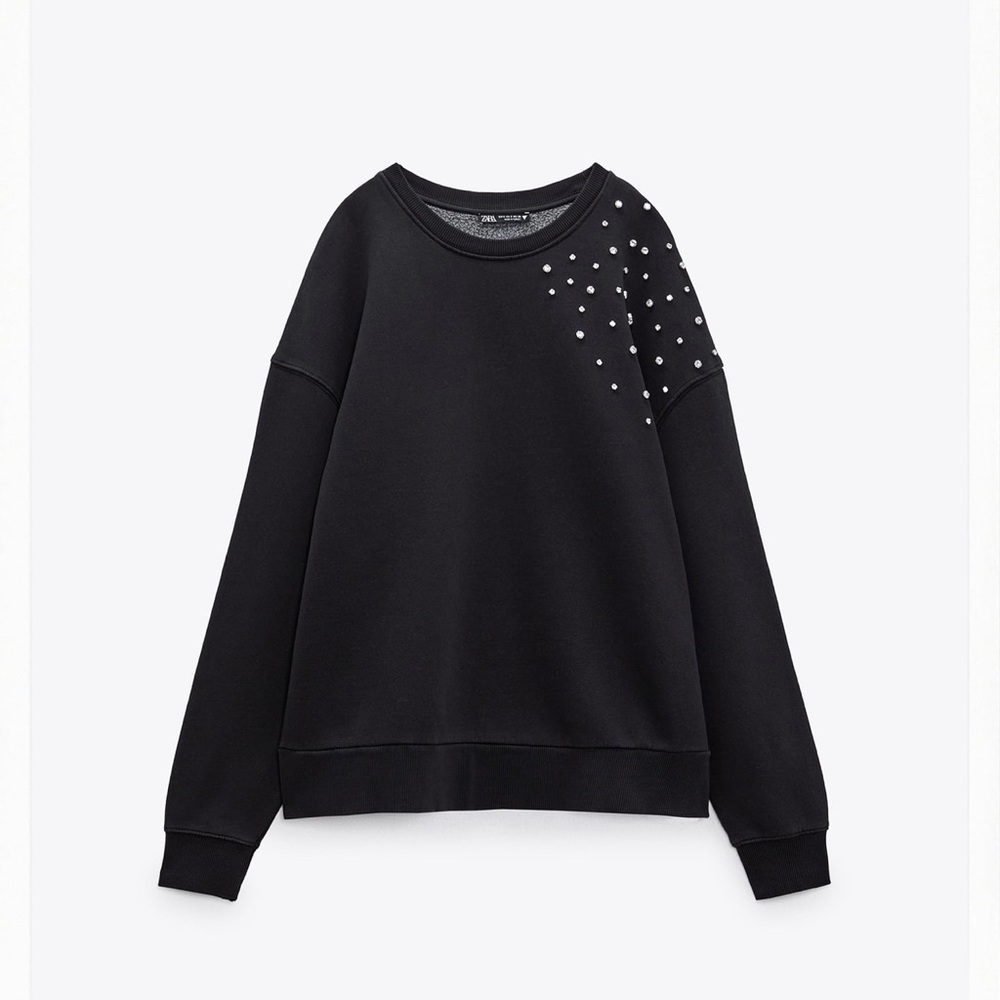 ZARA trendy Black Washed Sweatshirt embellished with Rhinestones on Shoulder🔥🔥